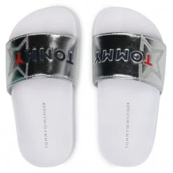 Enfant Mules / Sandales De Bain Tommy Hilfiger - Logo Print Pool Slide T3A0-30890-0742 M Silver 904 Argent -Tommy Hilfiger Soldes 0000207913417 06 rz