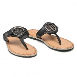 Femme Tongs TOMMY HILFIGER - Essential Leather Flat Sandal Black BDS Noir -Tommy Hilfiger Soldes 0000208151603 05 rz