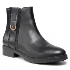 Femme Bottines TOMMY HILFIGER - Th Hardware Leather Flat Boot FW0FW05996 Black BDS Noir