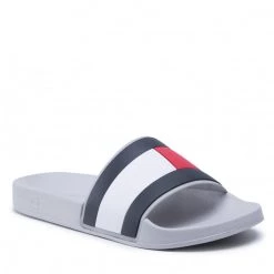 Homme Mules / Sandales De Bain Tommy Hilfiger - Rubber Th Flag Pool Slide FM0FM04263 Grey Whisper PQU Blanc, Multicolore